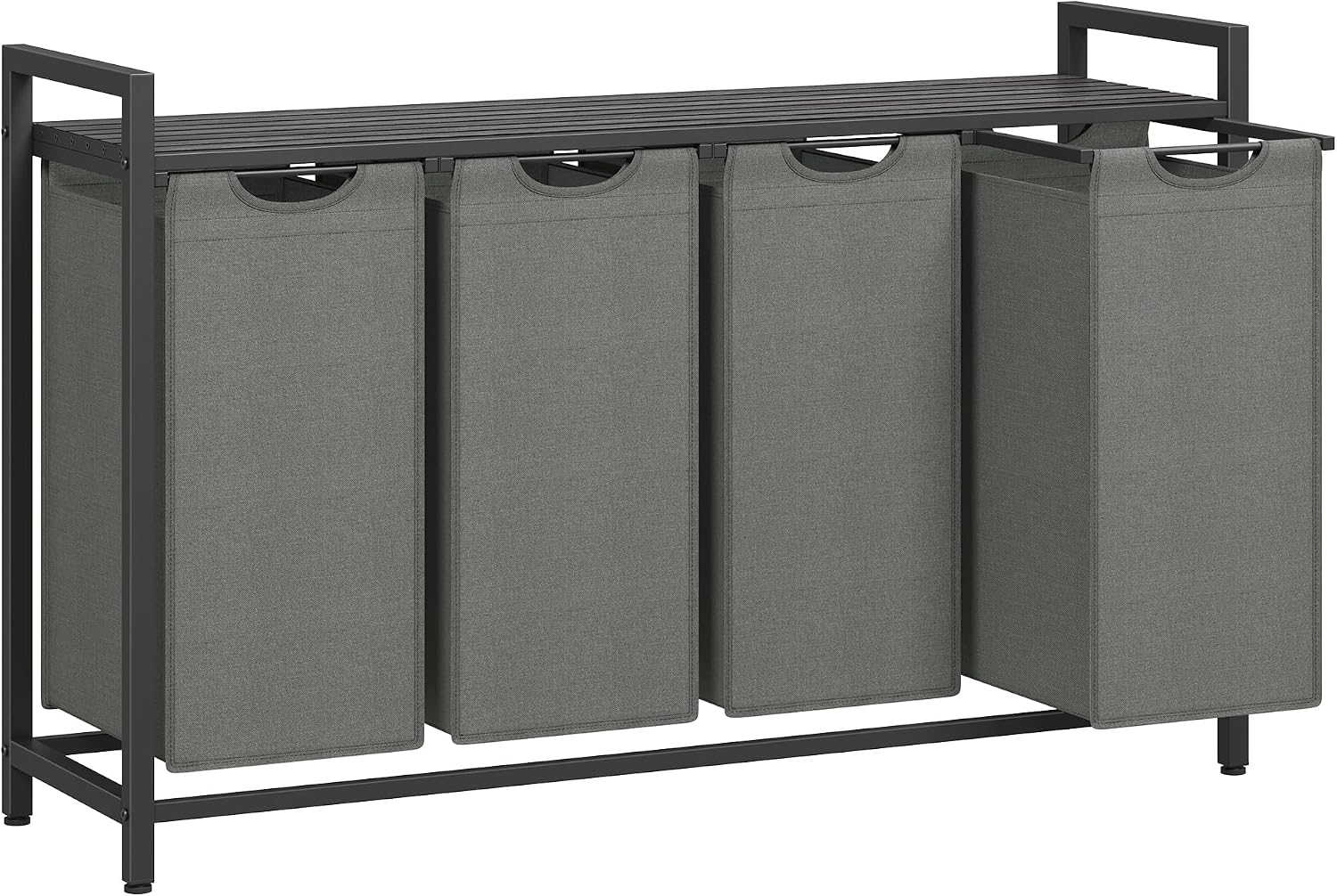 Laundry hamper with ventilated top shelf, removable washable fabric bags, robust steel‑MDF frame holding 44 lbs and adjustable feet for tidy bedroom, bathroom and utility‑room storage.