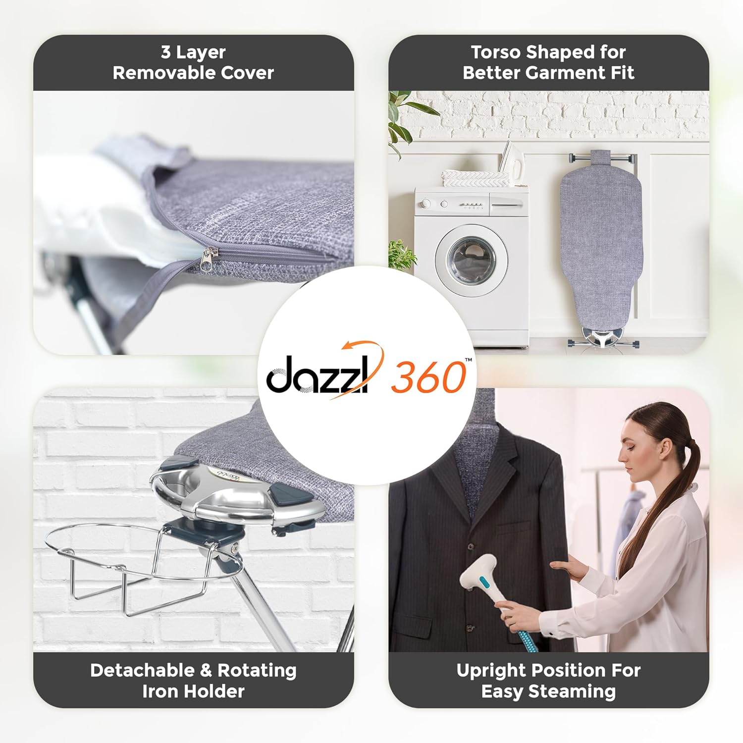 360‑degree rotating torso‑shaped ironing board with 8‑level height adjustment, swivel iron rest and padded removable cover for effortless home ironing.