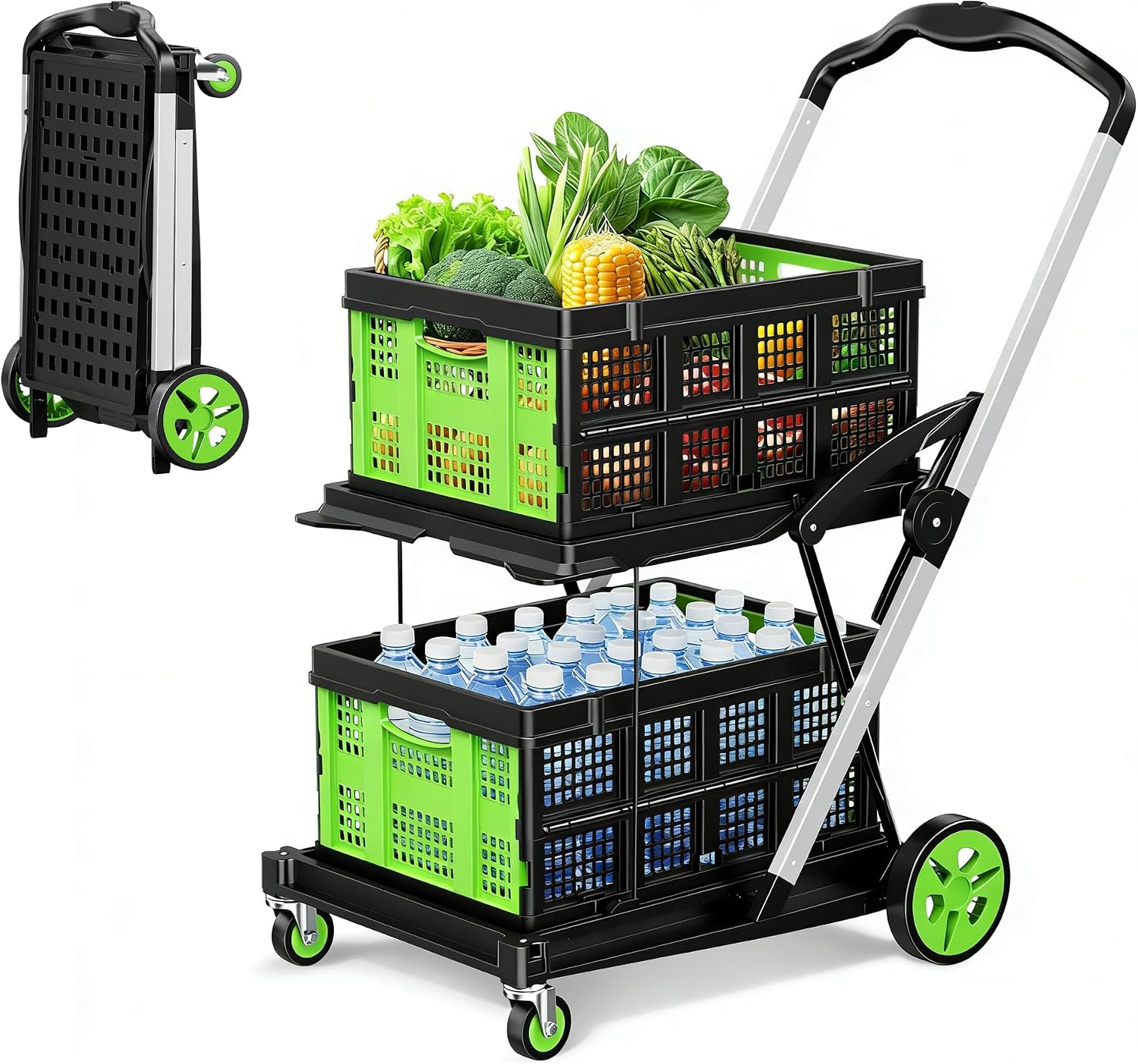 Heavy‑duty foldable shopping cart with over 200 lbs total load, secure rubber straps, collapsible baskets and space‑saving compact design for heavy grocery shopping.