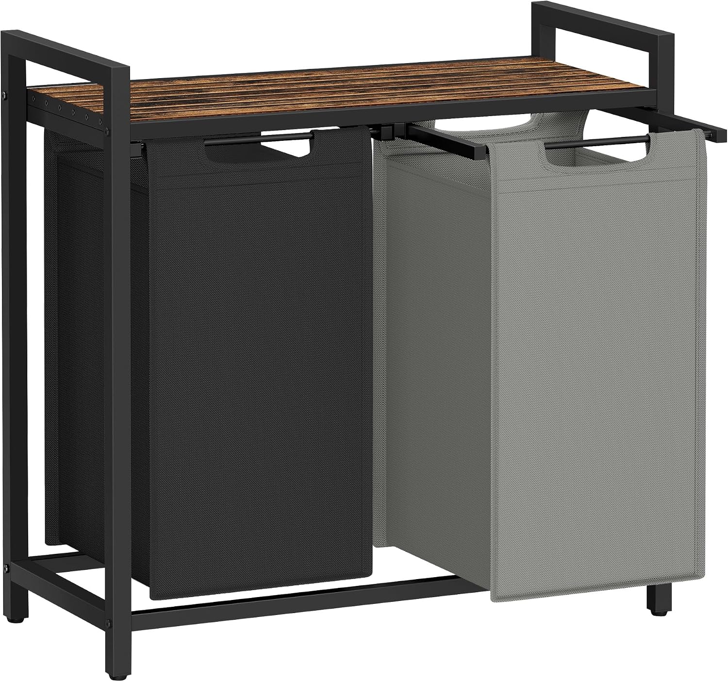 Laundry hamper with ventilated top shelf, removable washable fabric bags, robust steel‑MDF frame holding 44 lbs and adjustable feet for tidy bedroom, bathroom and utility‑room storage.