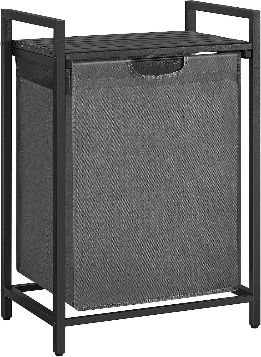 Laundry hamper with ventilated top shelf, removable washable fabric bags, robust steel‑MDF frame holding 44 lbs and adjustable feet for tidy bedroom, bathroom and utility‑room storage.