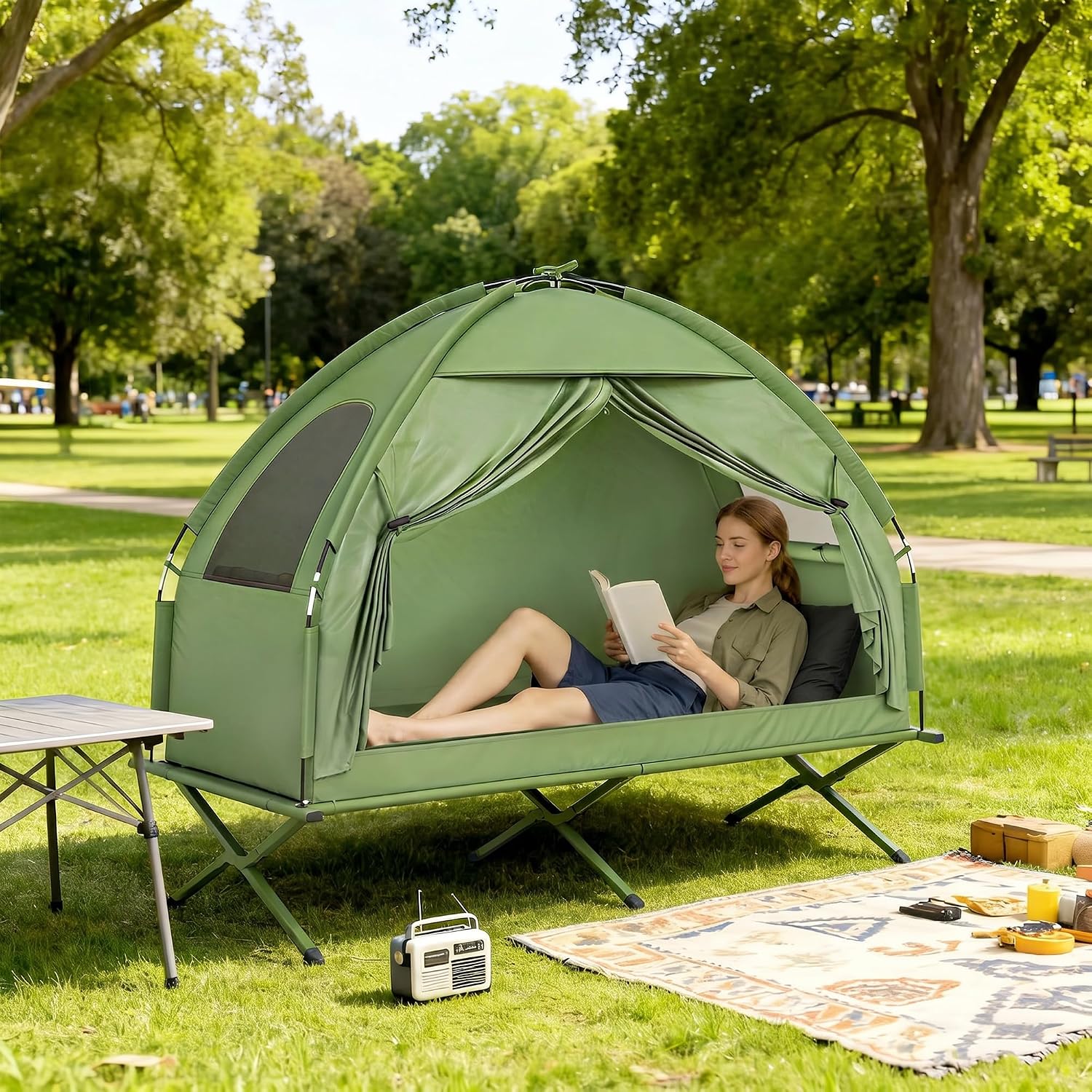 All‑in‑one single‑person camping cot‑tent combo with fast‑fold setup, wind‑resistant fabric and sturdy steel legs supporting 225 lbs, elevating you off rough ground for fair‑weather outdoor sleeping.