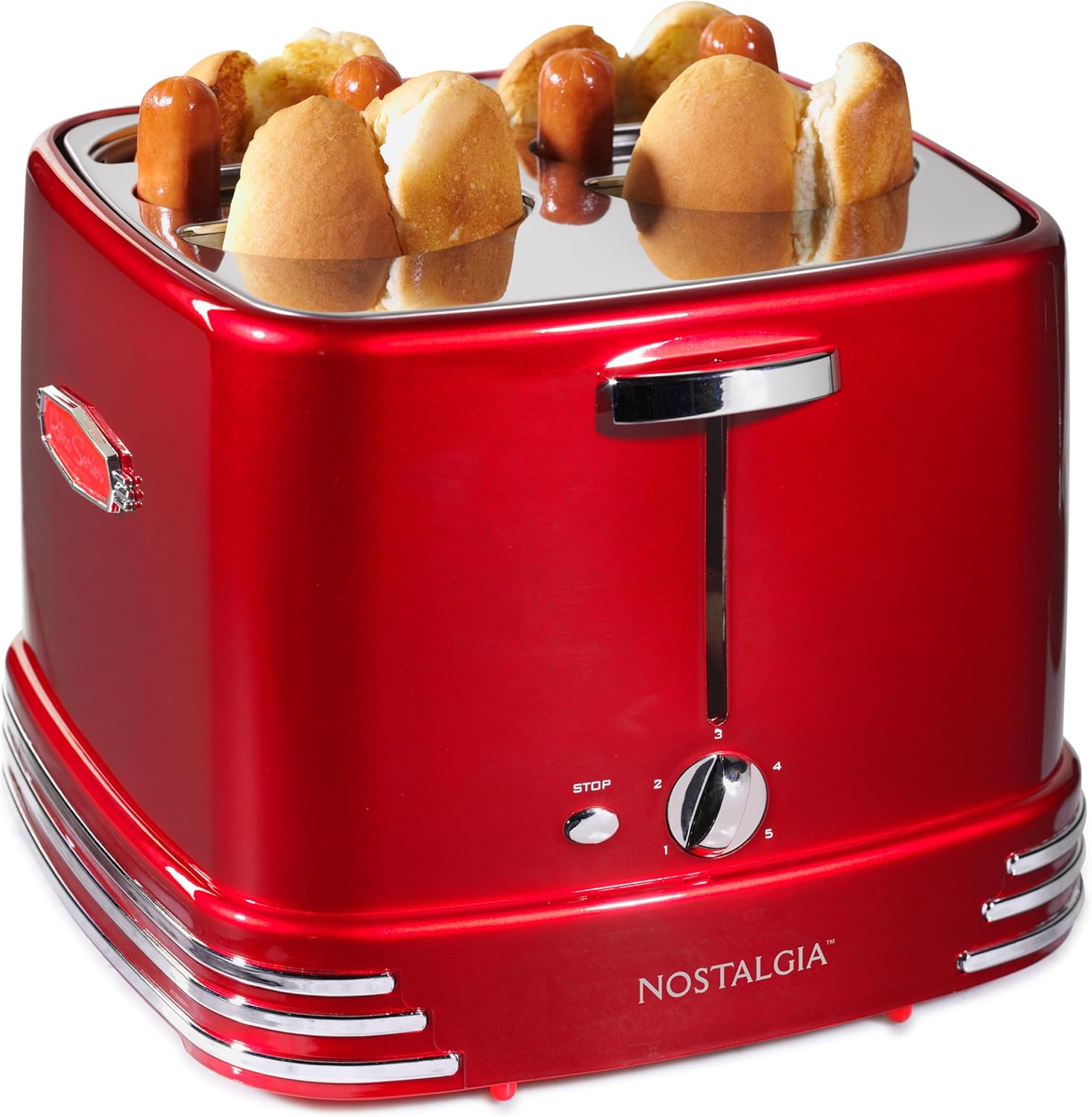 Retro‑styled 2‑slot hot dog cooker toasts buns and cooks multiple sausage types, supplied with mini tongs, great for quick snacks and casual home parties.