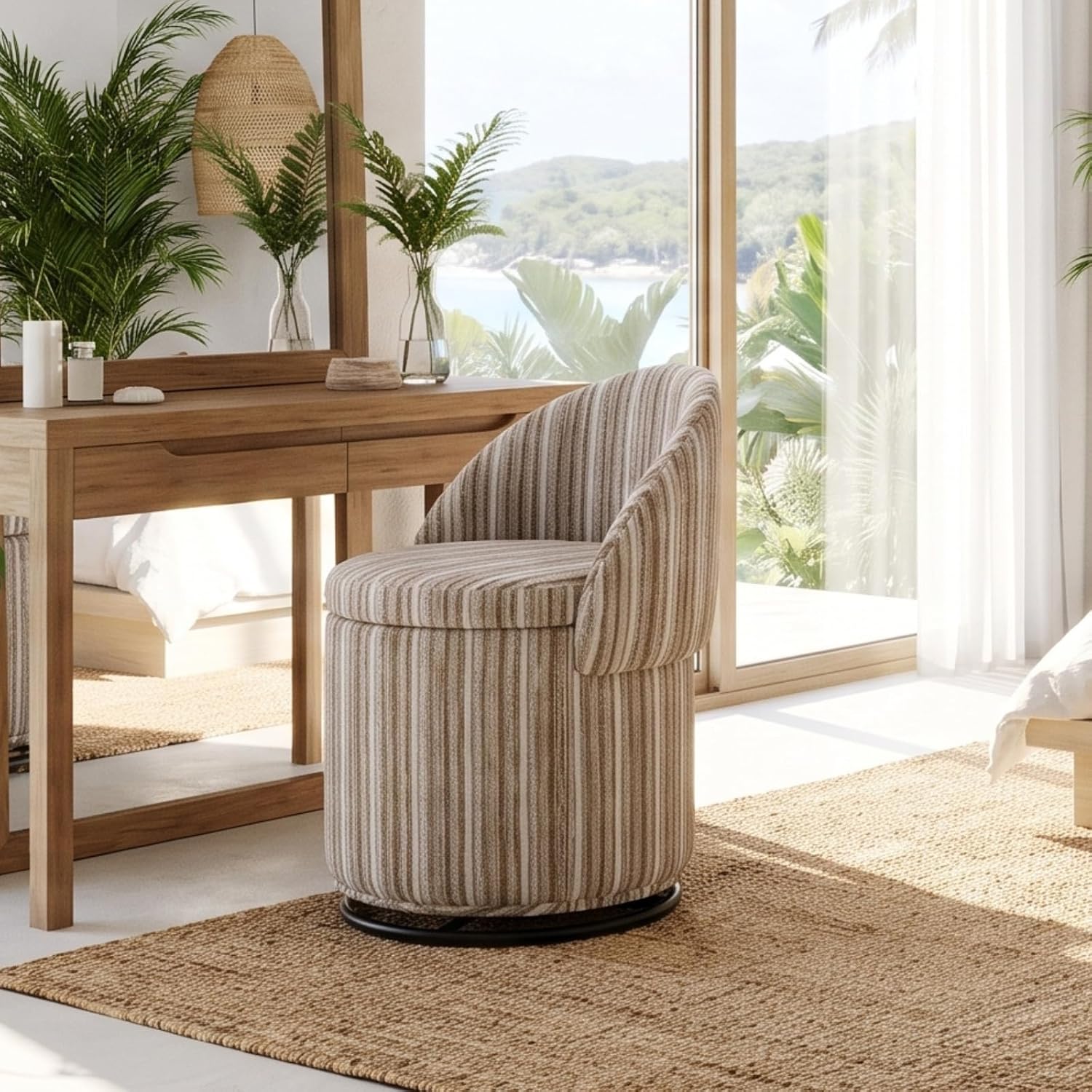 Plush sherpa swivel vanity ottoman with hidden storage, 360° rotating base, stylish compact makeup seat for bedroom and living‑room use.