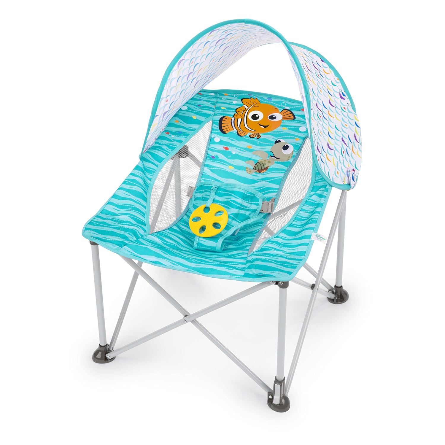 Lightweight fold‑away baby travel seat supplied with carry bag, UPF50+ sun canopy and 3‑point harness, breathable mesh plus removable machine‑washable seat pad.
