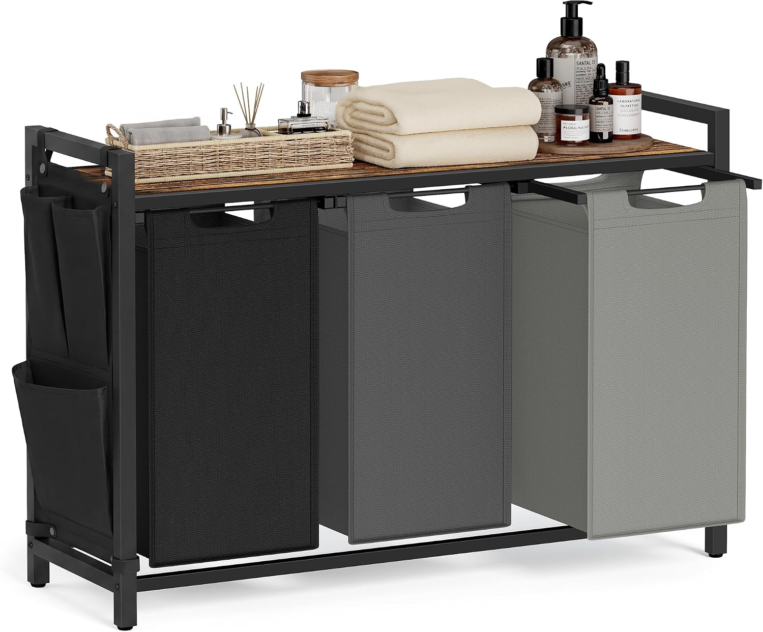 Laundry hamper with ventilated top shelf, removable washable fabric bags, robust steel‑MDF frame holding 44 lbs and adjustable feet for tidy bedroom, bathroom and utility‑room storage.
