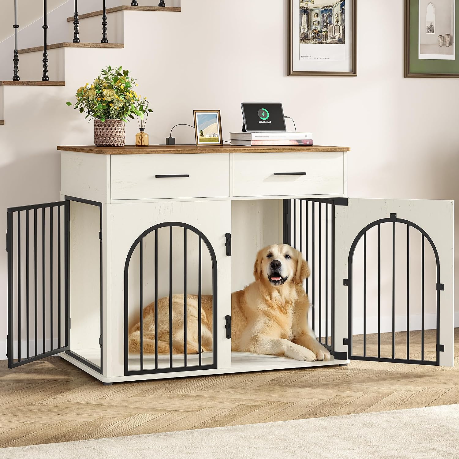 Furniture‑style dog crate with built‑in storage drawers and power strip, chew‑resistant metal frame, triple‑door secure locking design, doubles as side table for medium and large‑sized dogs indoors.