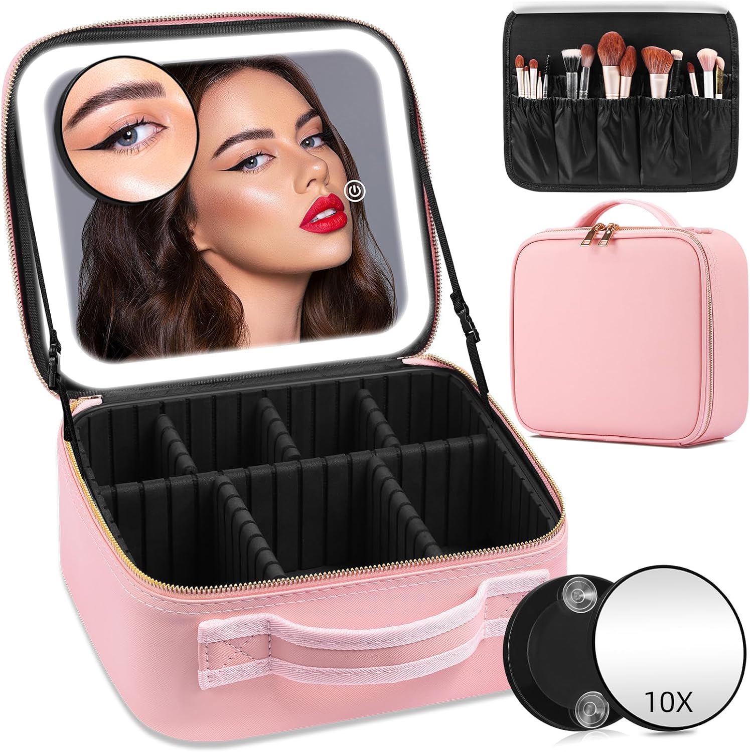 Travel‑friendly lighted makeup bag with detachable magnetic LED mirror, adjustable compartments, waterproof PU, perfect for travel and gifting.