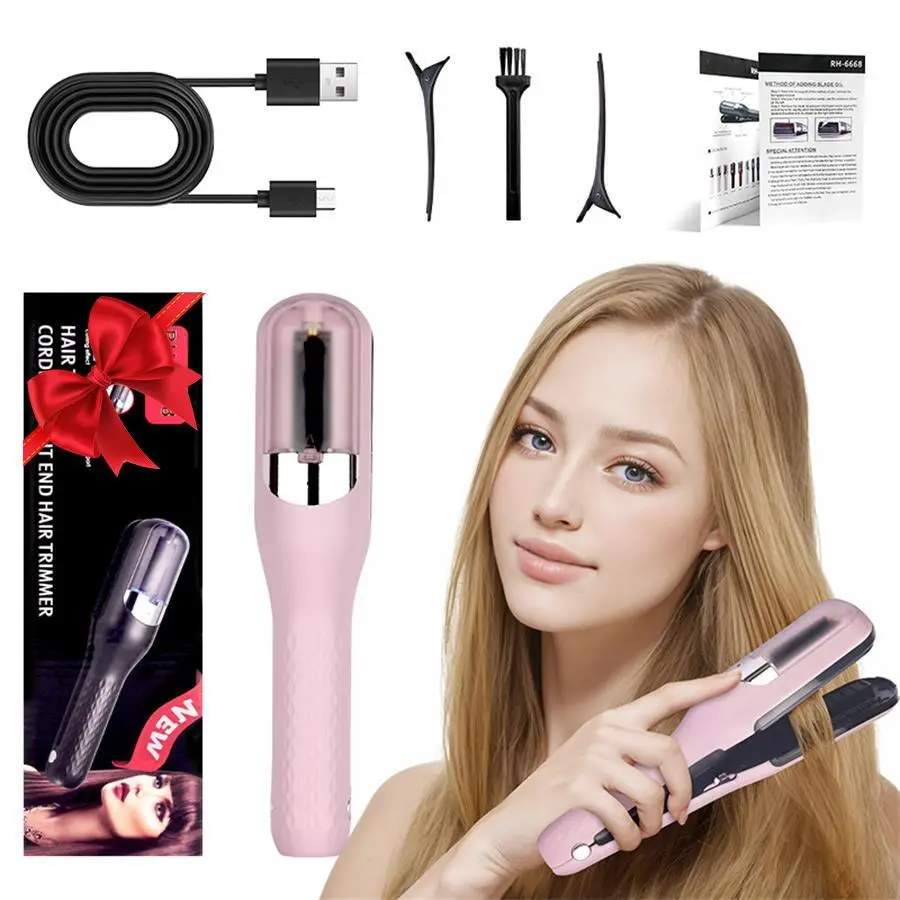 Lightweight USB‑rechargeable hair trimmer with automatic cutting for split‑end trimming, compact for home and travel and available in multiple colours as a handy gift.
