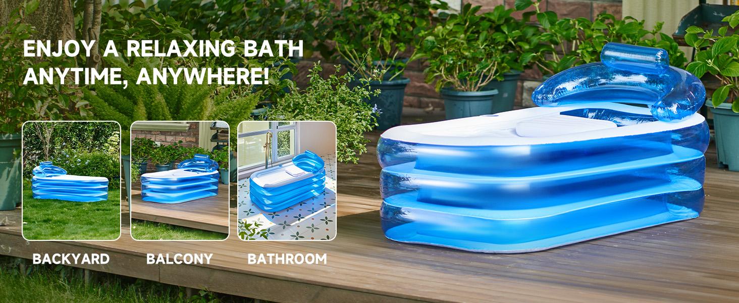 Inflatable Bathtub with Electric Air Pump & Bath Pillow Headrest Portable Blow Up Tub for Adults Durable PVC Material Indoor Outdoor Use Foldable Spa Cover Drainage Hose Cup Holder