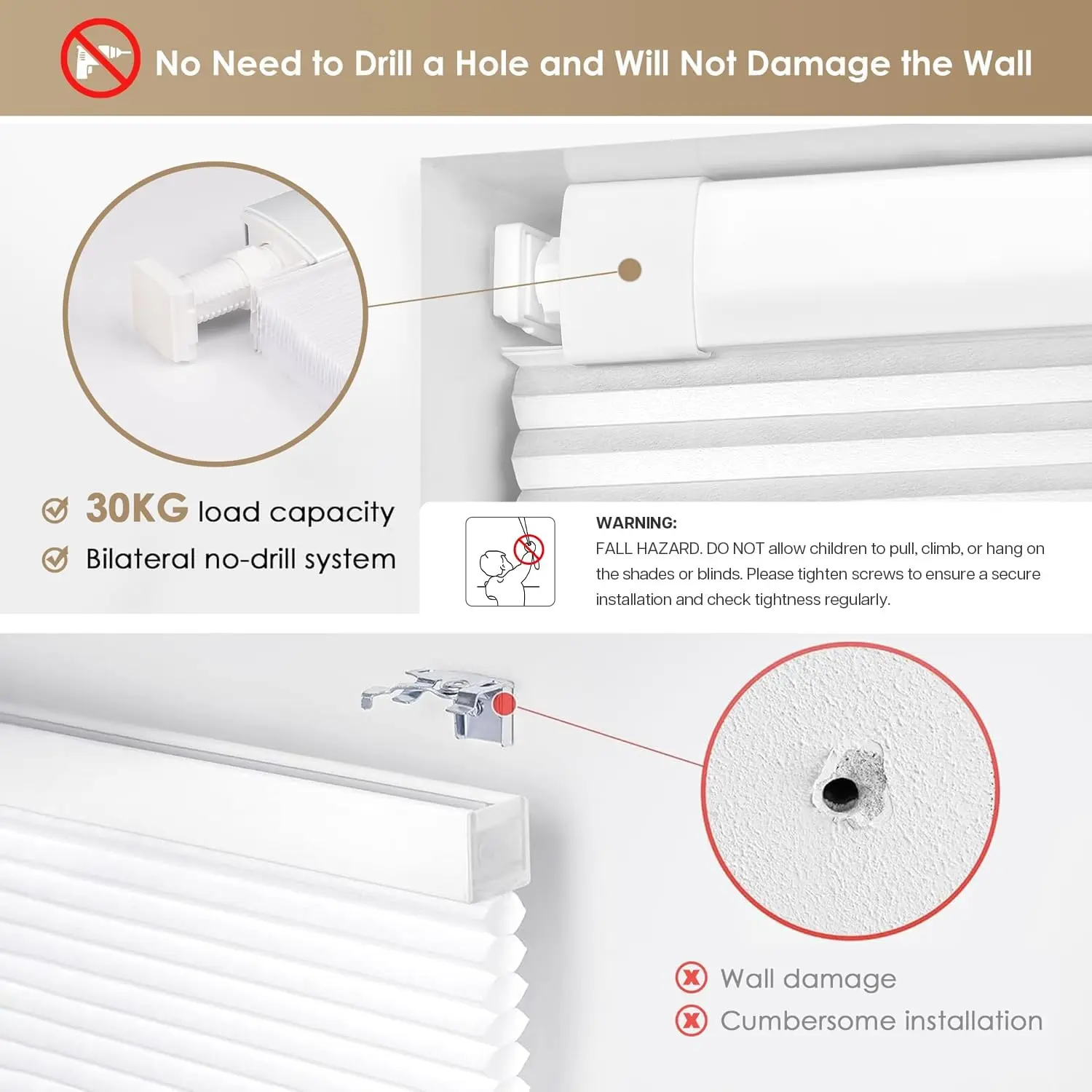 No Drill Cordless Cellular Shades - Easy Install Honeycomb Blinds for Windows, 20'' W x 48'' H, White Home & Kitchen