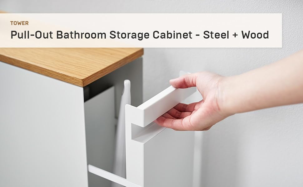 Space‑slim pull‑out bathroom storage cabinet holds toilet rolls & cleaning gear, with magnetic sides and decorative natural wood‑effect top for tidy modern bathrooms.