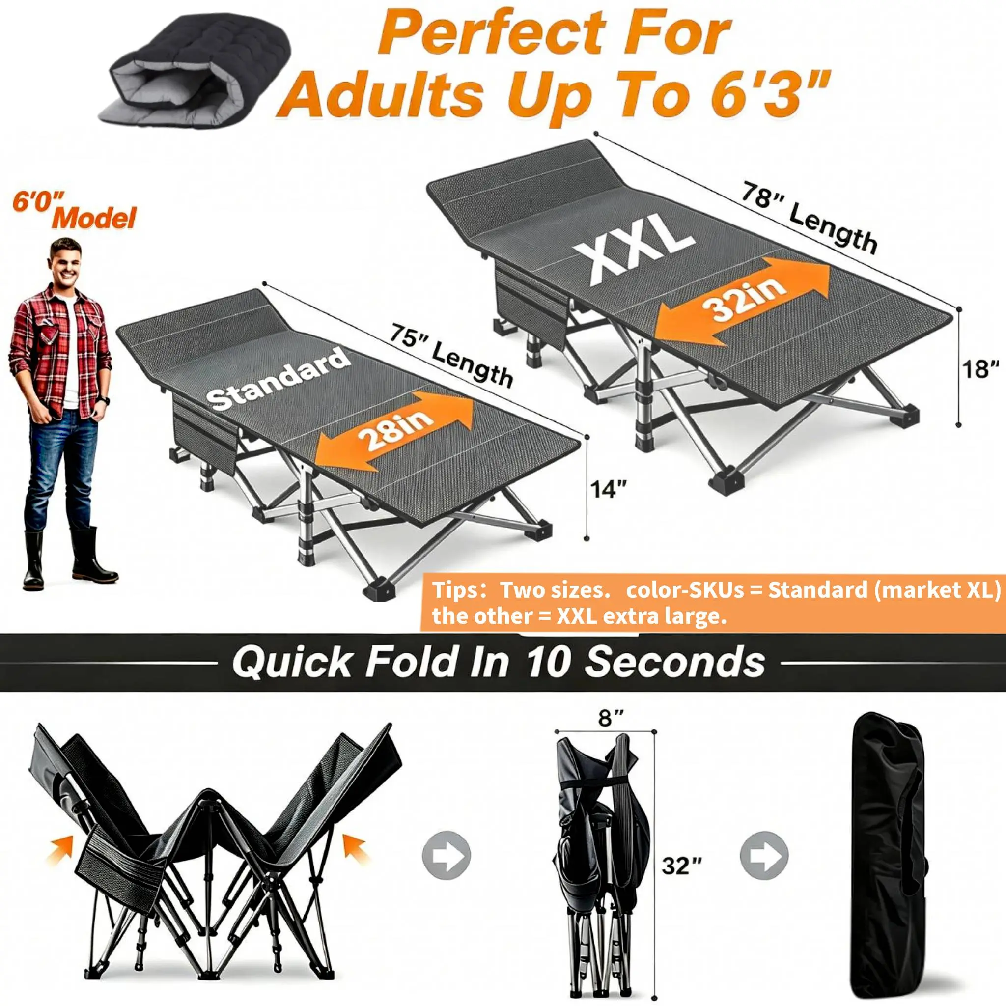Folding Camping Cot with Mattress, Bed frame & Carry Bag - Heavy Duty Portable Bed for Outdoor & Indoor Use, Guest Bed, Travel, Picnic, Office nap, Hiking, Fishing, dorm essentials, campingessentials, campinggear