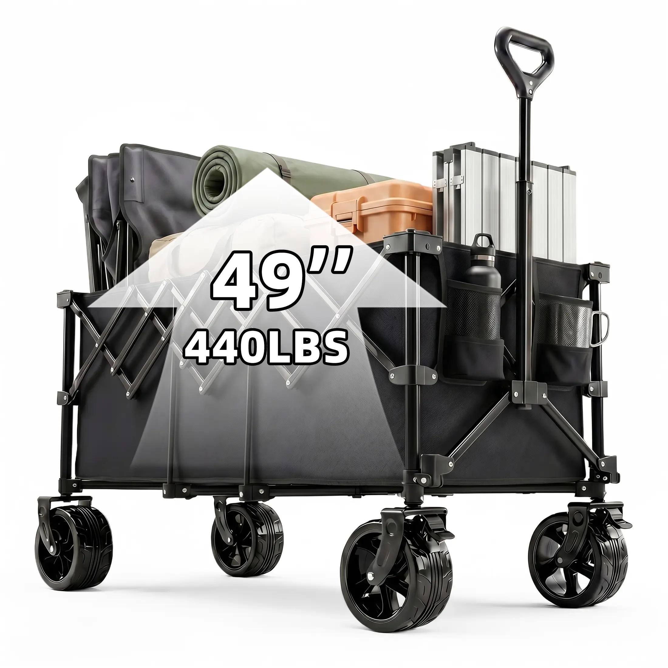 This large‑capacity collapsible utility wagon boasts tough 600D Oxford fabric, adjustable pull‑handle and 360° swivel wheels for all‑terrain outdoor hauling.
