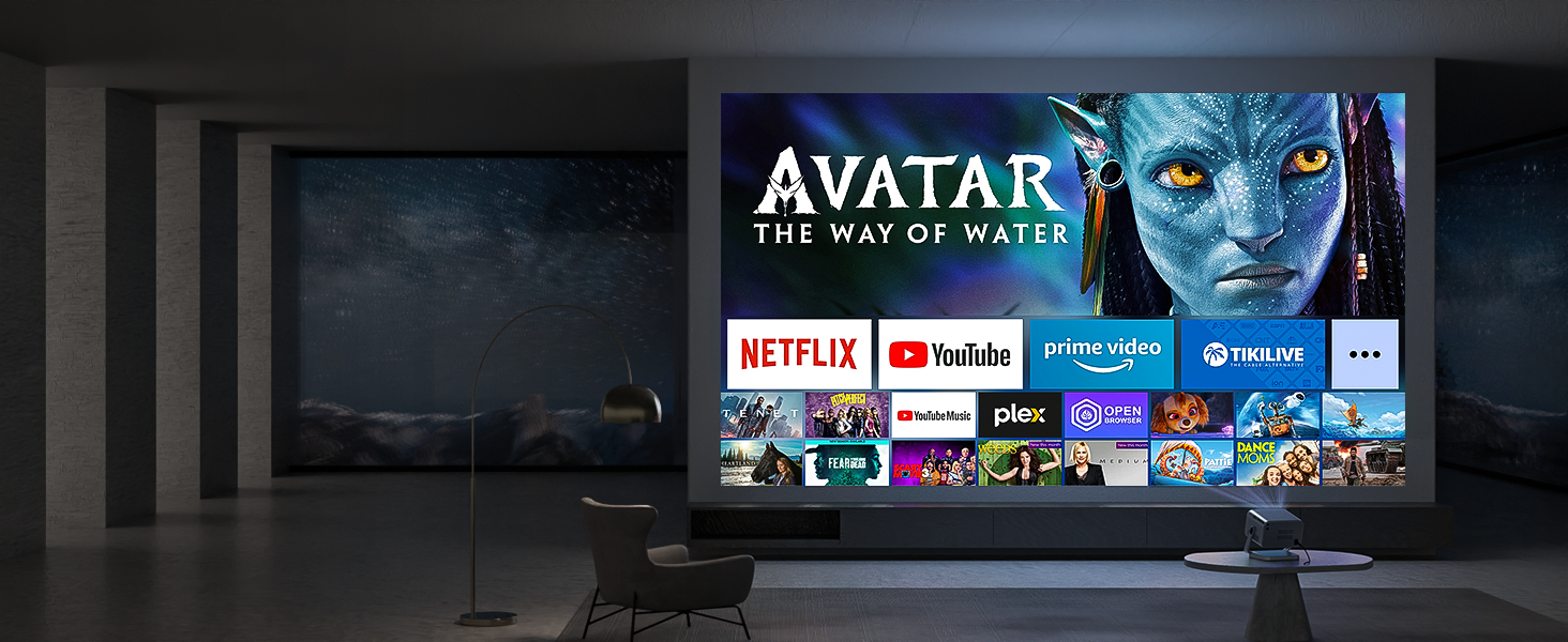 montrant l'interface du service de streaming avec diverses ic&ocirc;nes d'applications et la banni&egrave;re du film Avatar en &eacute;vidence.