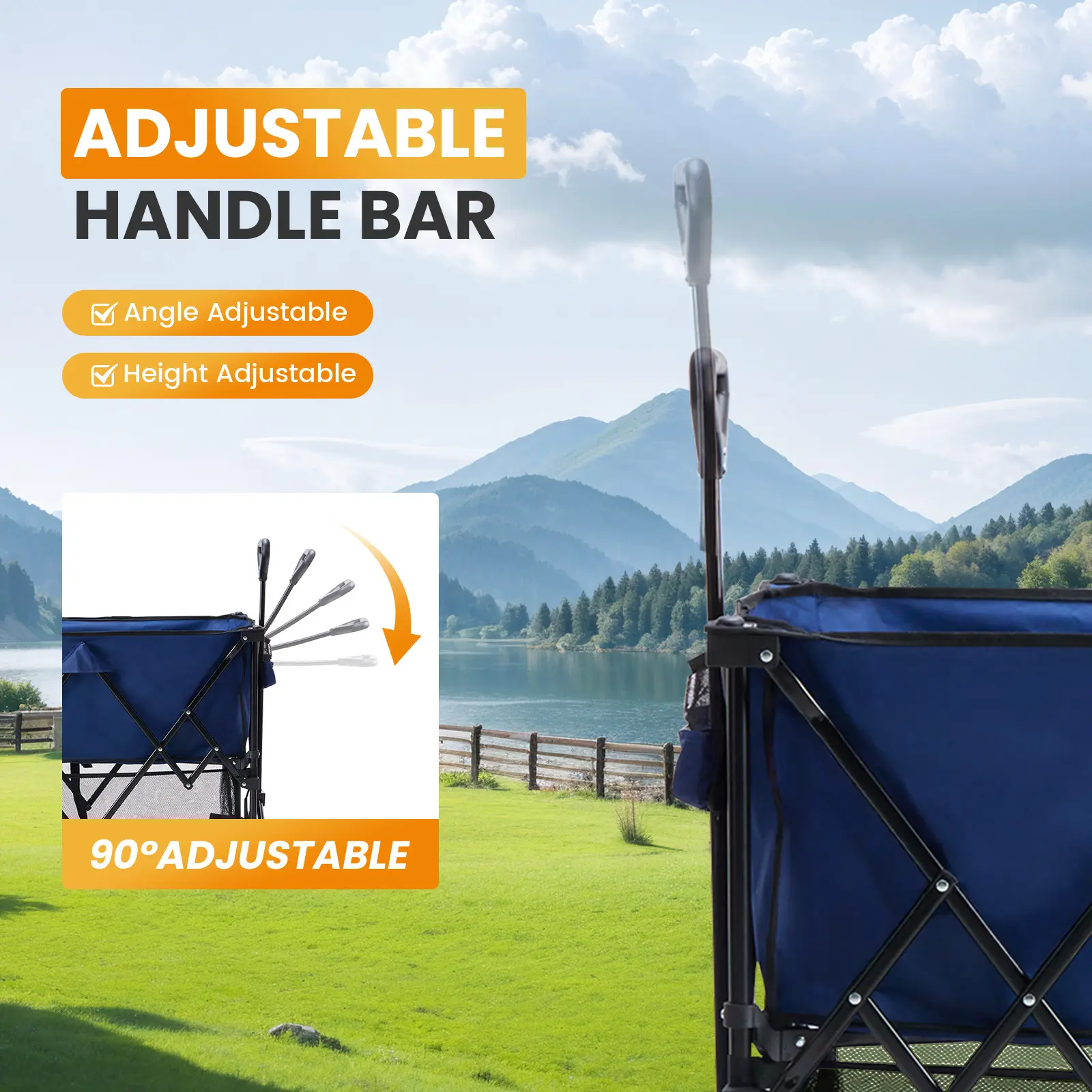 This large‑capacity collapsible utility wagon boasts tough 600D Oxford fabric, adjustable pull‑handle and 360° swivel wheels for all‑terrain outdoor hauling.