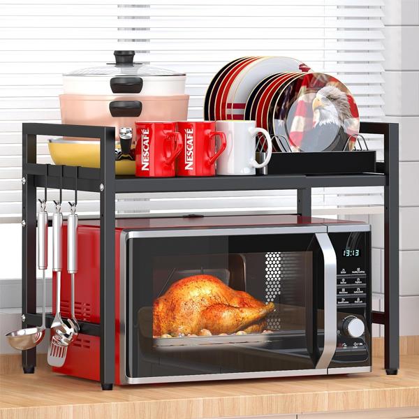 Adjustable Extendable Double-Layer Carbon Steel Microwave Rack - Kitchen Organization Solution for Home Kitchens Small Spaces, Spices Up Top Shelf, Assembly Required, for Countertop Utensils, Dishes & Small Appliances, Dorms