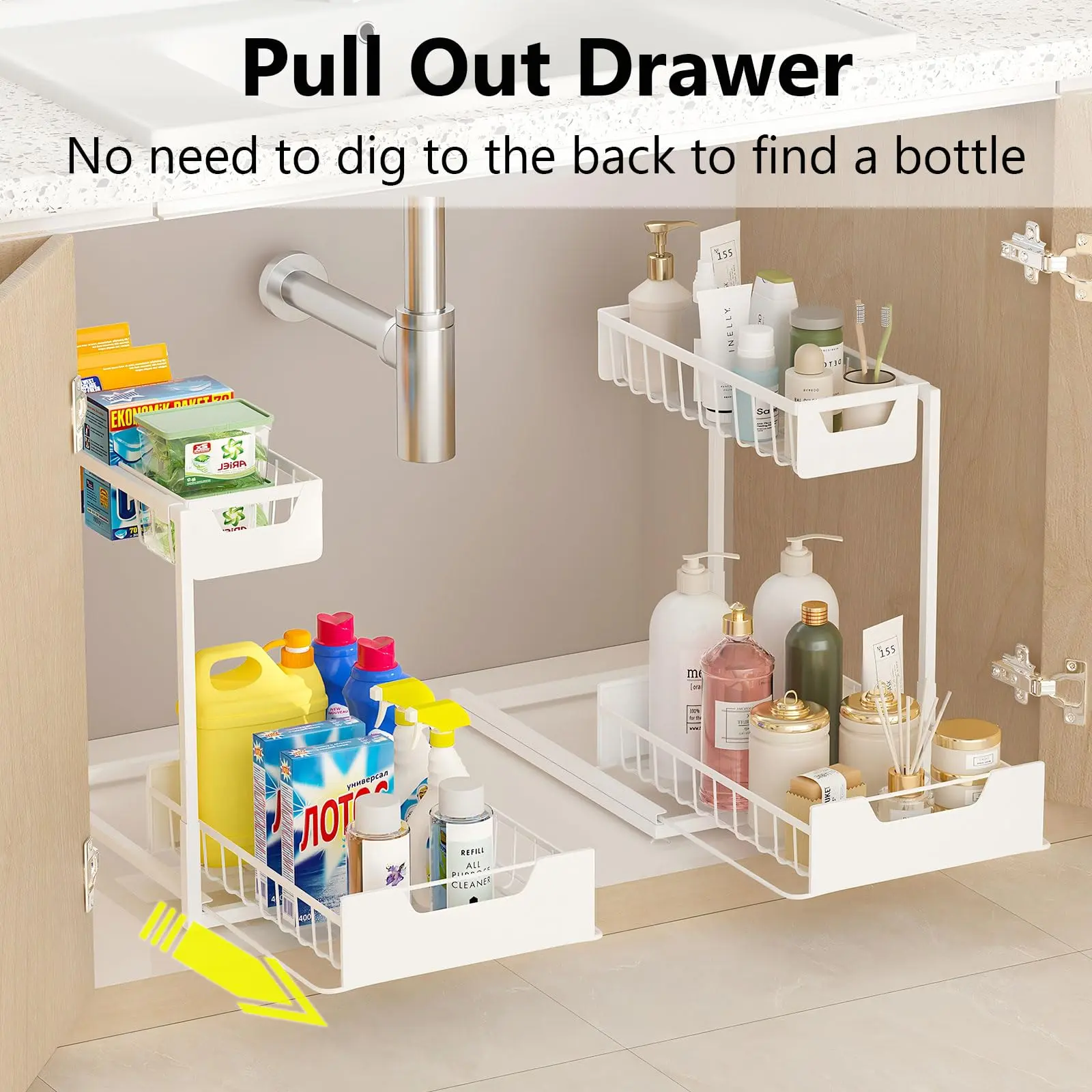 Undersink Storage Rack with 2 Layers Metal Pull-Out Kitchen Cabinet Organizer