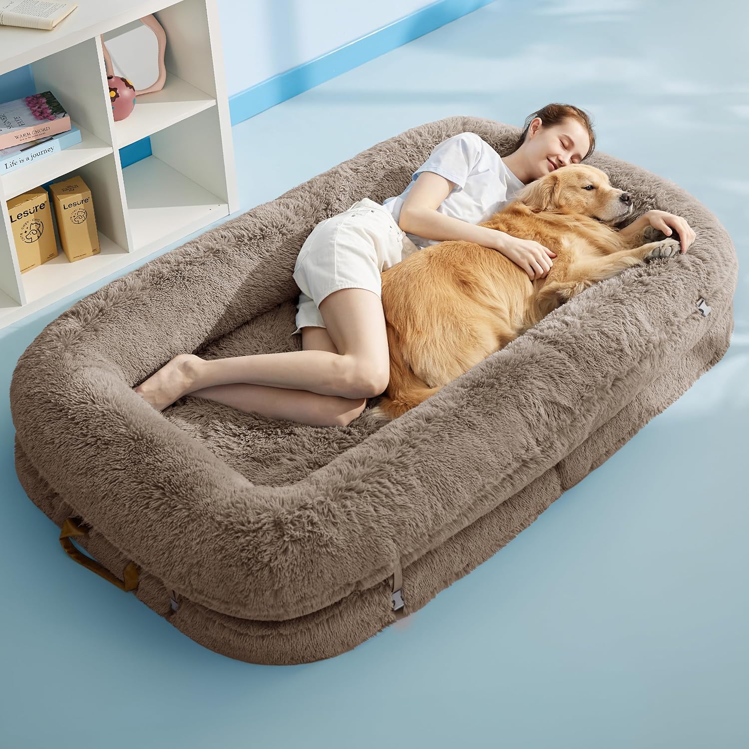 Versatile human and dog shared lounger with 3‑in‑1 convertible design, orthopaedic pressure relief foam, non‑slip base and waterproof, washable plush cover for all‑day comfort.