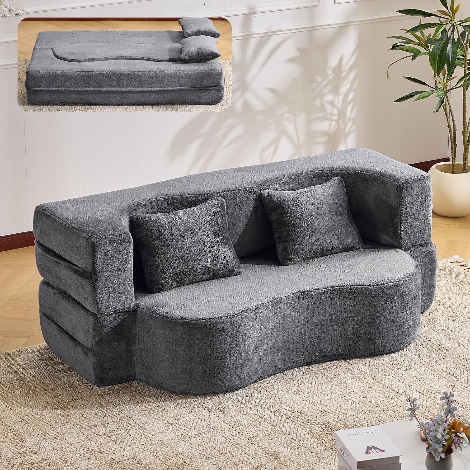 This convertible foam floor sofa‑bed with plush chenille fabric transforms from loveseat to sleeper, supplied with cushions and needing no assembly.