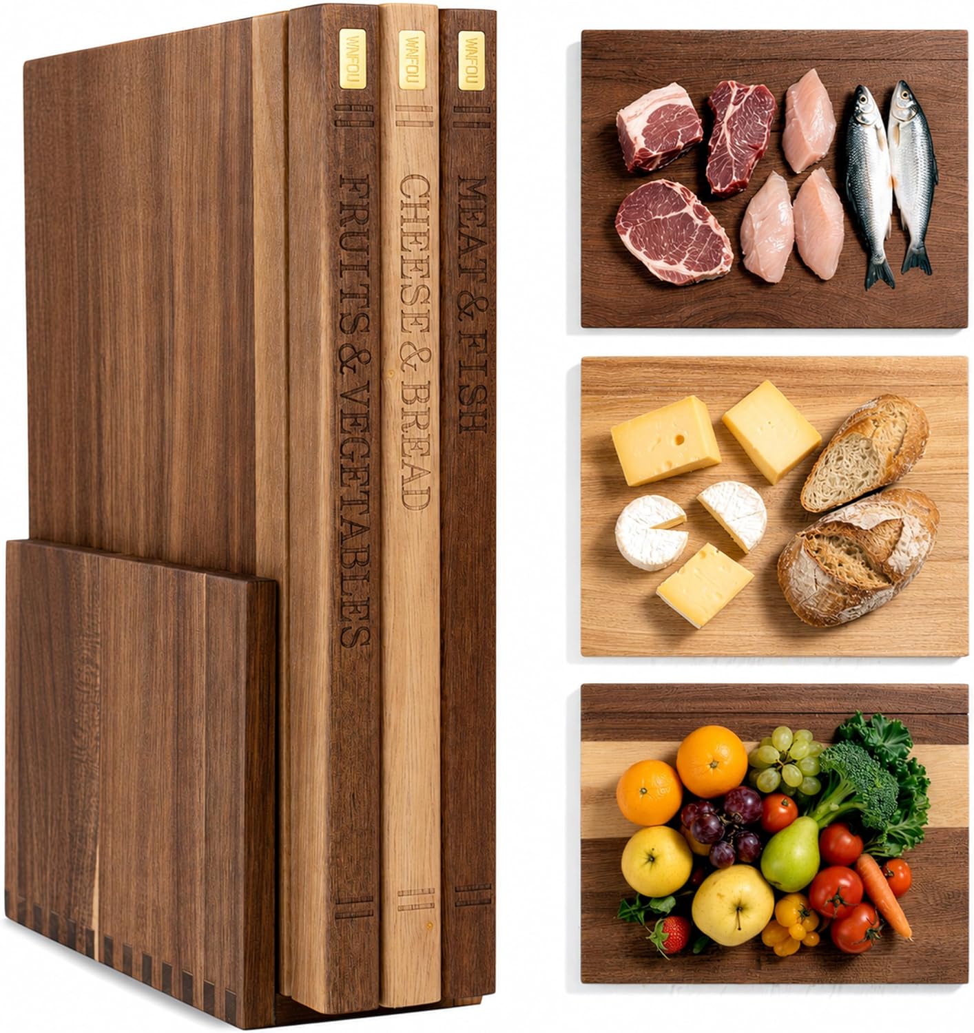 Stylish book-shaped wooden cutting board set with labelled food categories, premium hardwood build and space-saving stand for tidy, hygienic kitchen food preparation.