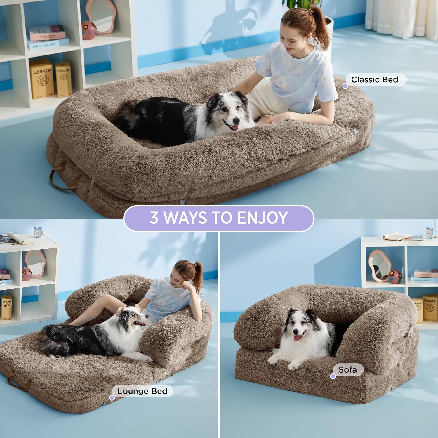 Versatile human and dog shared lounger with 3‑in‑1 convertible design, orthopaedic pressure relief foam, non‑slip base and waterproof, washable plush cover for all‑day comfort.
