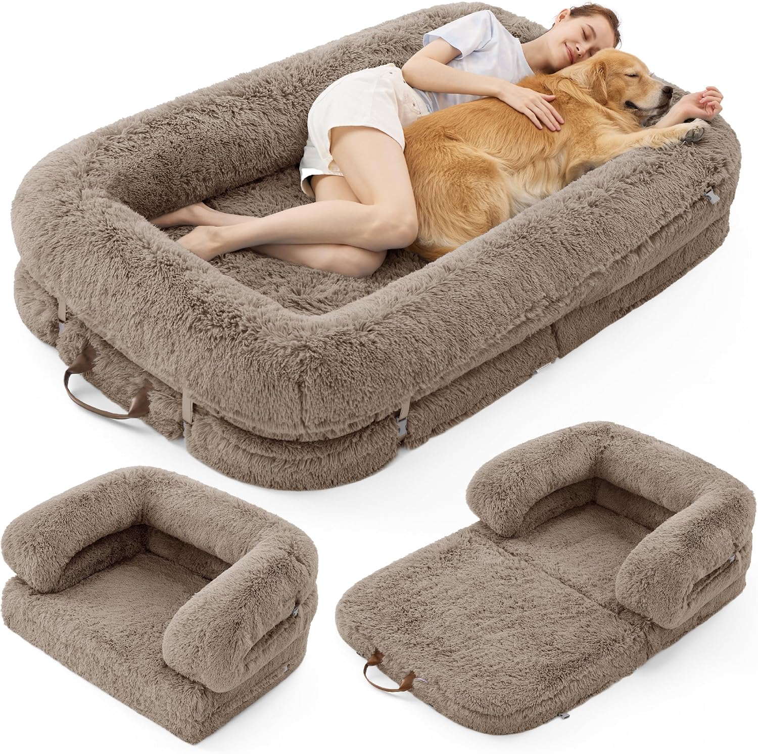Versatile human and dog shared lounger with 3‑in‑1 convertible design, orthopaedic pressure relief foam, non‑slip base and waterproof, washable plush cover for all‑day comfort.