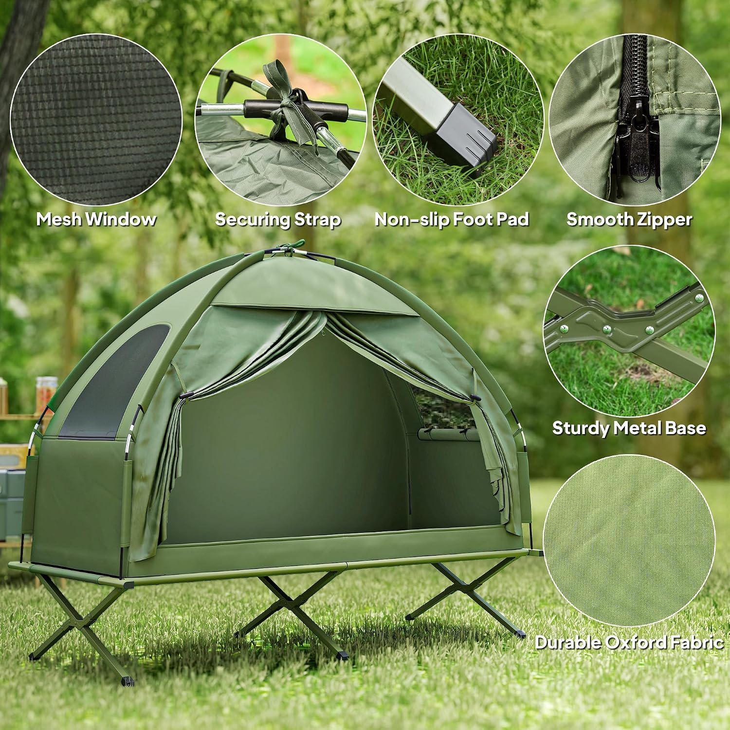 All‑in‑one single‑person camping cot‑tent combo with fast‑fold setup, wind‑resistant fabric and sturdy steel legs supporting 225 lbs, elevating you off rough ground for fair‑weather outdoor sleeping.
