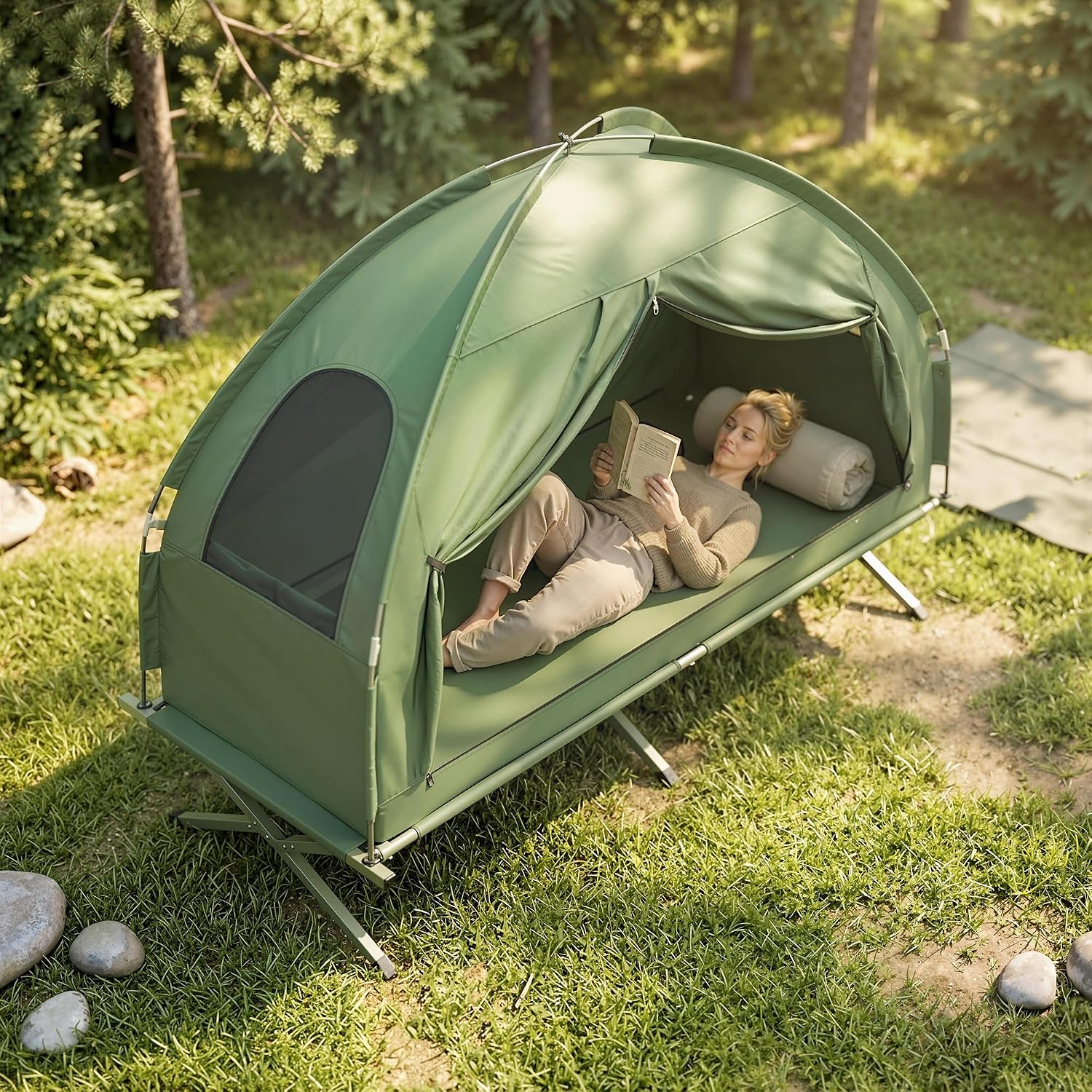 All‑in‑one single‑person camping cot‑tent combo with fast‑fold setup, wind‑resistant fabric and sturdy steel legs supporting 225 lbs, elevating you off rough ground for fair‑weather outdoor sleeping.