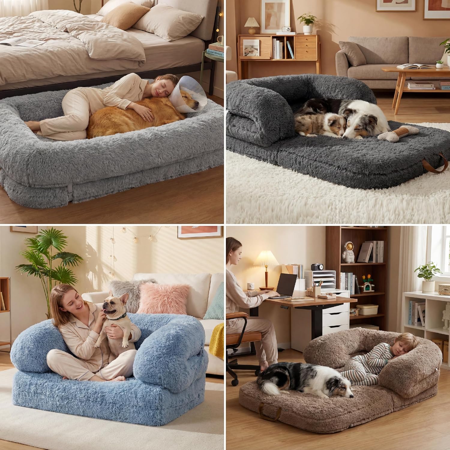 Versatile human and dog shared lounger with 3‑in‑1 convertible design, orthopaedic pressure relief foam, non‑slip base and waterproof, washable plush cover for all‑day comfort.