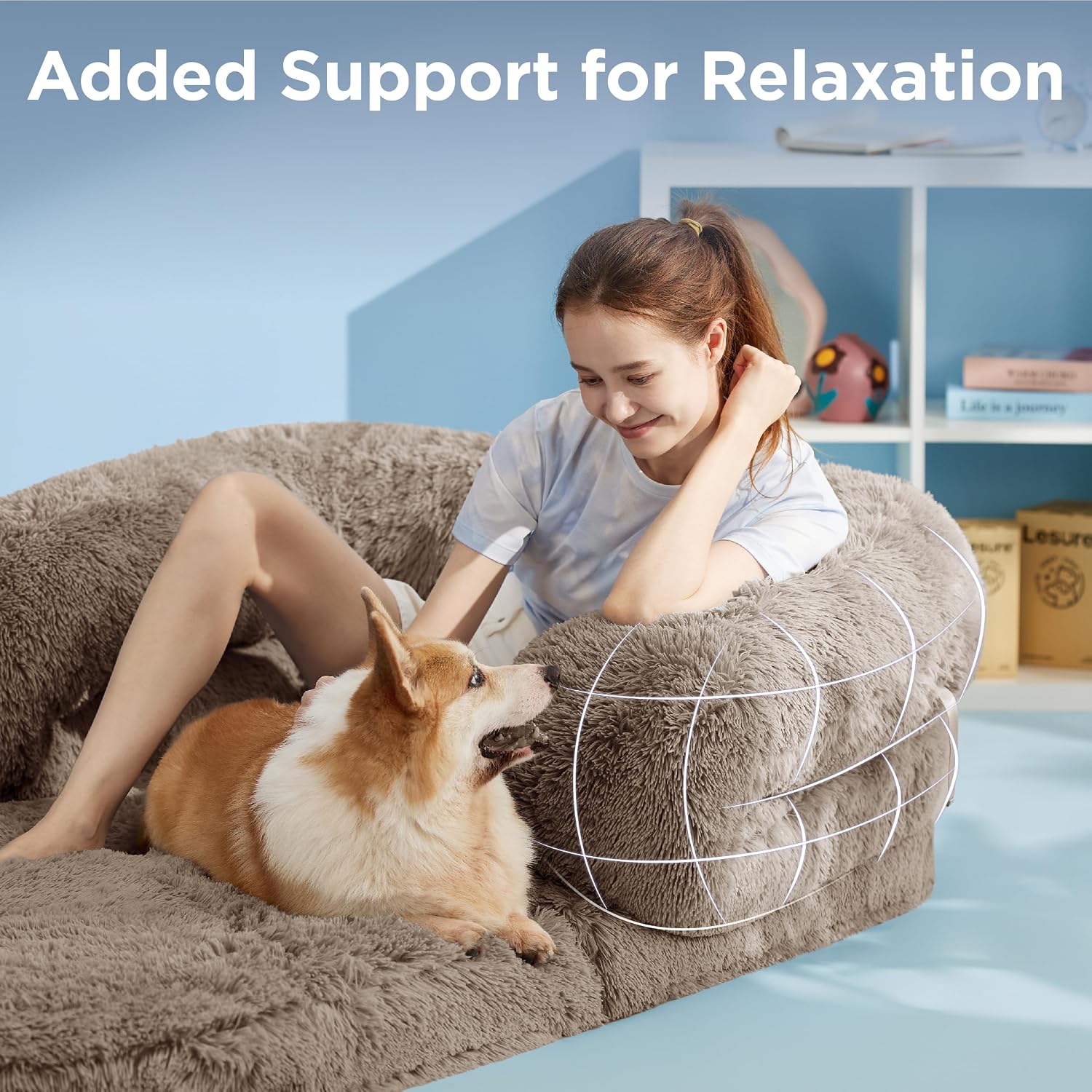 Versatile human and dog shared lounger with 3‑in‑1 convertible design, orthopaedic pressure relief foam, non‑slip base and waterproof, washable plush cover for all‑day comfort.