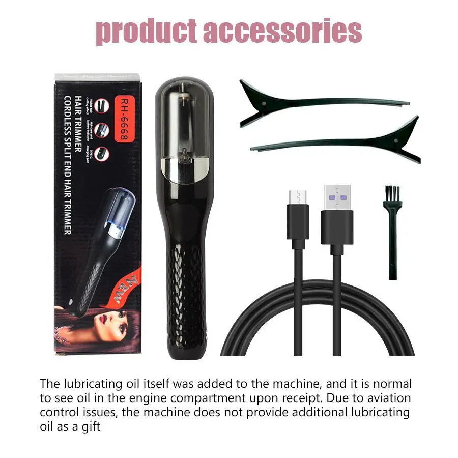 Lightweight USB‑rechargeable hair trimmer with automatic cutting for split‑end trimming, compact for home and travel and available in multiple colours as a handy gift.