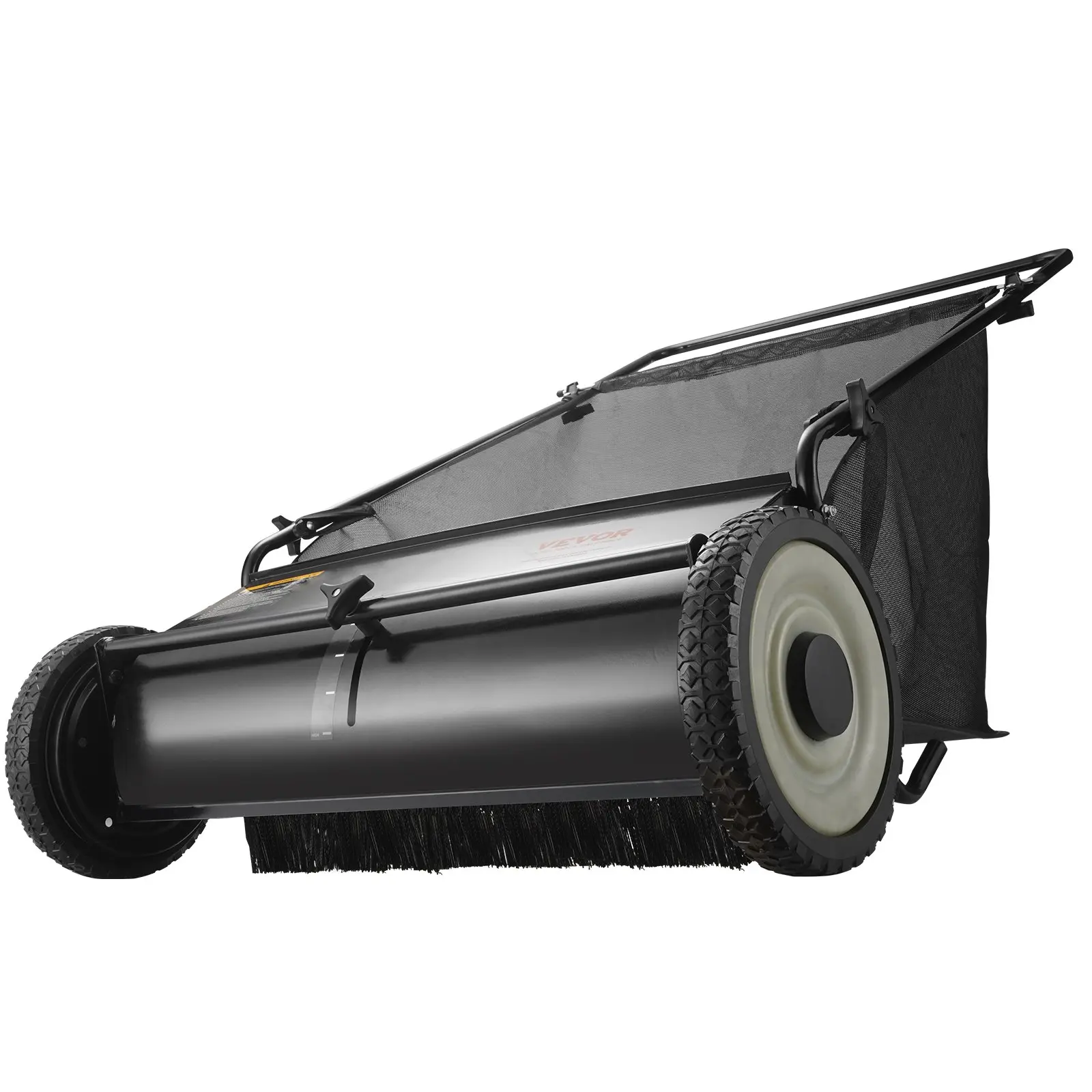 26‑inch manual push lawn sweeper with adjustable‑height dense spinning brushes, heavy‑duty steel frame and large 7 ft³ hopper bag for easy garden leaf and grass‑debris clearance.