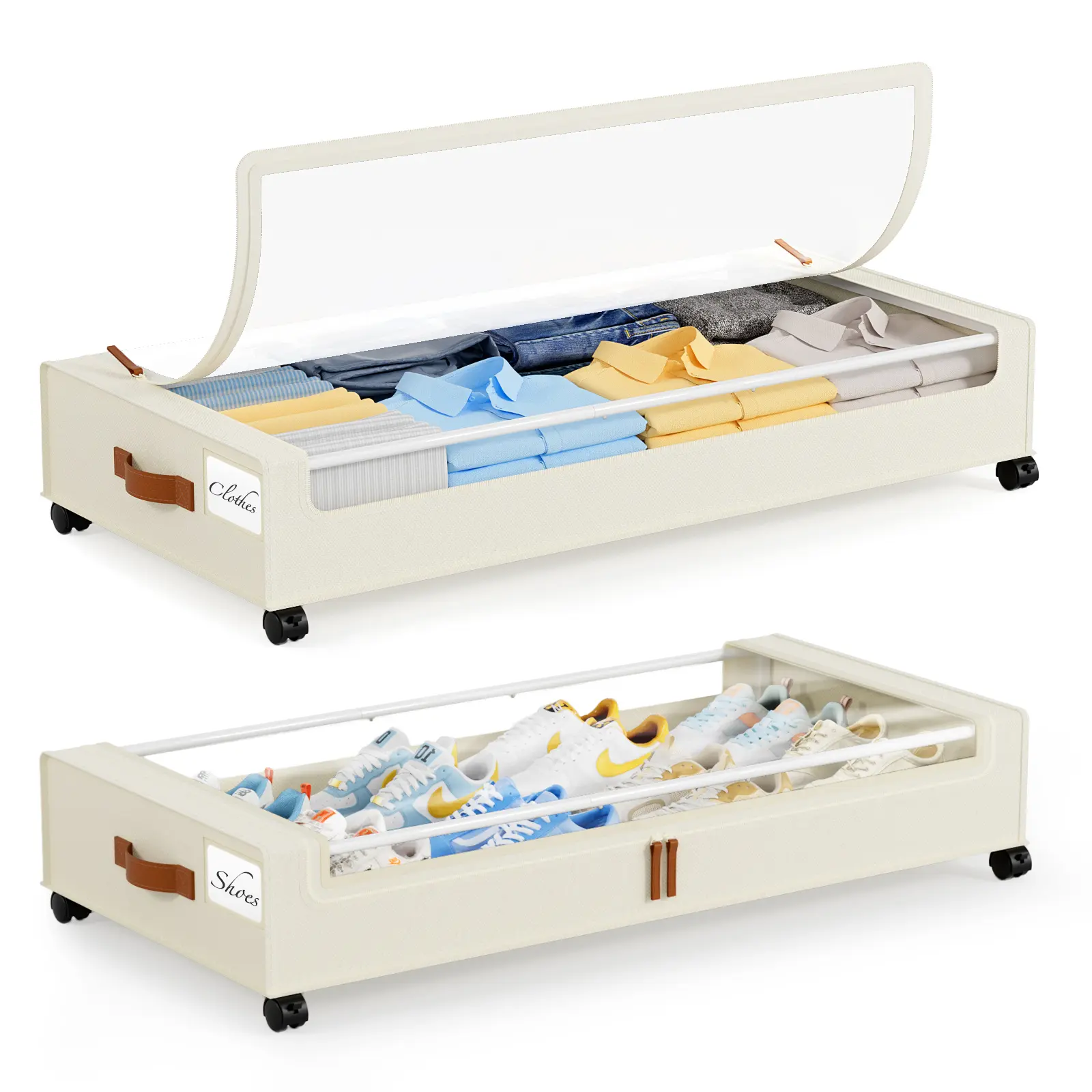 2‑Pack Under Bed Storage Box with Silent Wheels & Clear Lid, Rolling Under‑Bed Storage Organizer Drawer Bins for Clothes Shoes Toys, Dorm Room College Essentials for Bedroom Dormitory