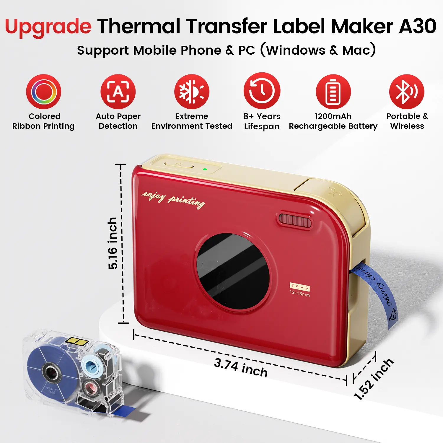 Bluetooth Inkless Thermal Ribbon Printer, Mini Label Maker Machine with Waterproof Labels, for Wedding Bouquets, Party Favors, Fabric Tags, DIY Crafts & Back‑to‑School Supplies, Compatible with Phone & PC
