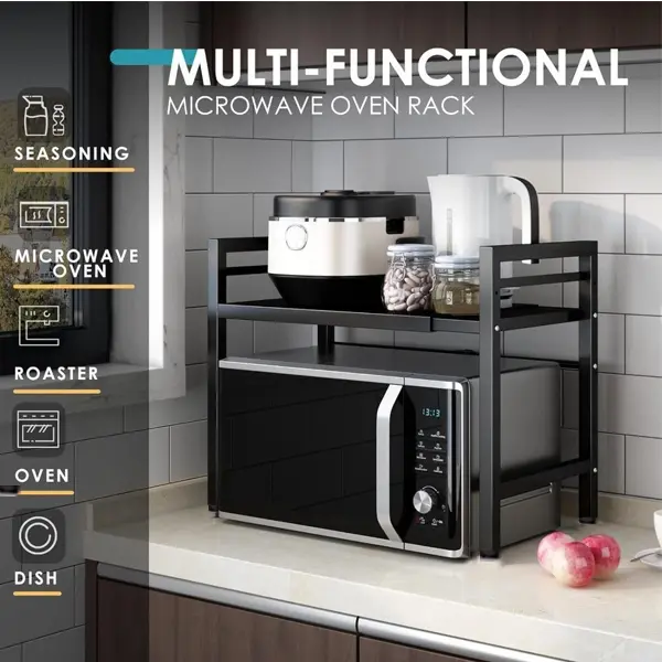 Adjustable Double-Layer Carbon Steel Microwave Rack for Kitchen Countertop Home Storage