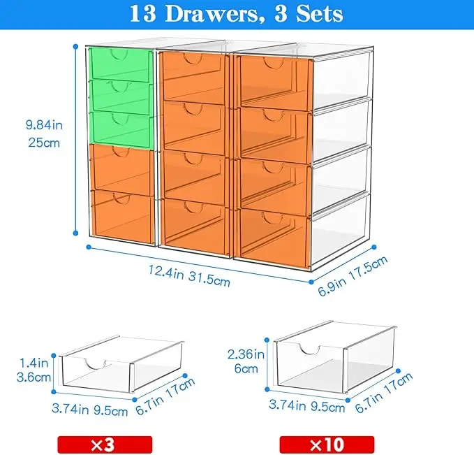13 Drawer Clear Acrylic Organizer, Storage Organizer for Bathroom Vanity, Makeup, Kitchen Pantry, Countertop and Home Organization