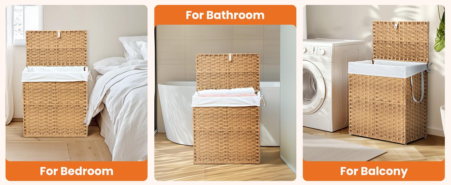 Sweetcrispy Woven Rattan Laundry Hamper with Lid, Foldable Clothes Basket with Steel Frame and Removable Liner for Bathroom and Bedroom