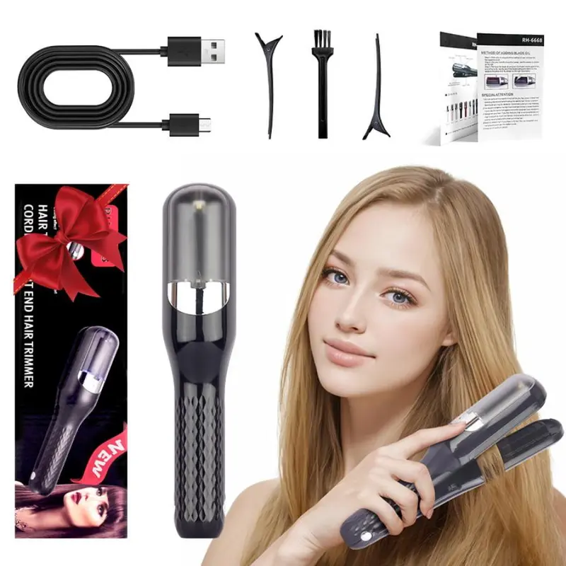 Lightweight USB‑rechargeable hair trimmer with automatic cutting for split‑end trimming, compact for home and travel and available in multiple colours as a handy gift.