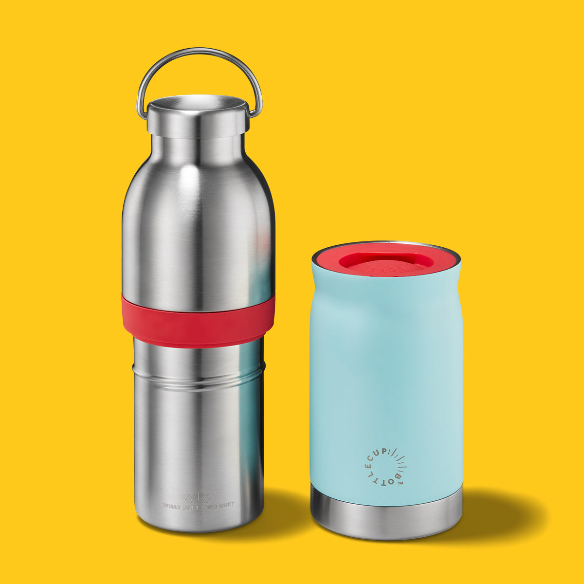 2‑in‑1 reusable insulated water bottle & coffee cup with hidden stored lid, modular build, keeps drinks hot or cold for travel and on‑the‑go use. 