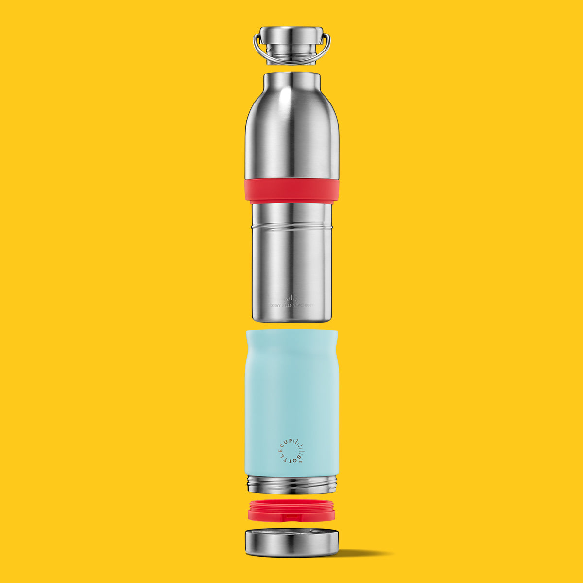 2‑in‑1 reusable insulated water bottle & coffee cup with hidden stored lid, modular build, keeps drinks hot or cold for travel and on‑the‑go use. 