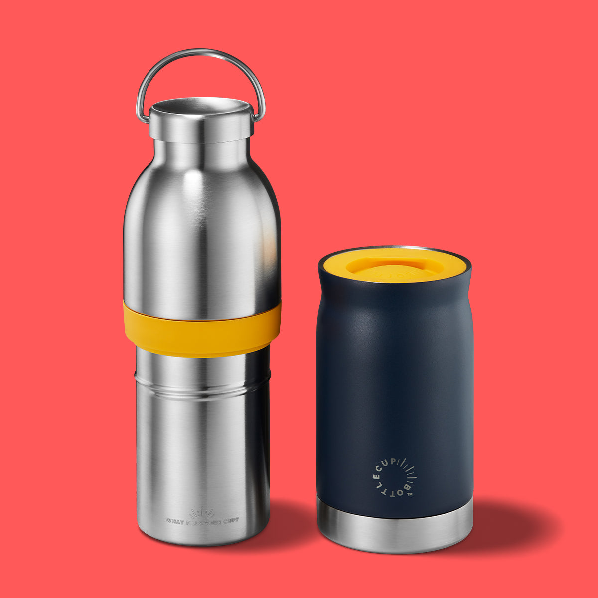2‑in‑1 reusable insulated water bottle & coffee cup with hidden stored lid, modular build, keeps drinks hot or cold for travel and on‑the‑go use. 