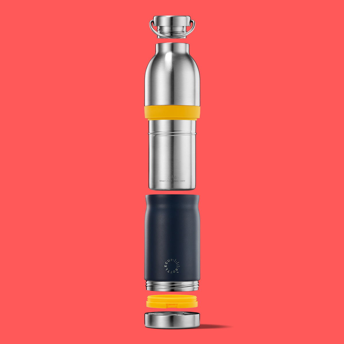 2‑in‑1 reusable insulated water bottle & coffee cup with hidden stored lid, modular build, keeps drinks hot or cold for travel and on‑the‑go use. 