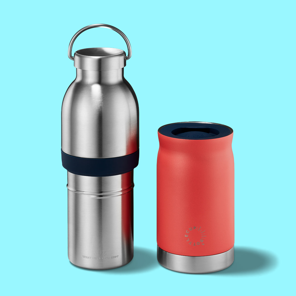 2‑in‑1 reusable insulated water bottle & coffee cup with hidden stored lid, modular build, keeps drinks hot or cold for travel and on‑the‑go use. 