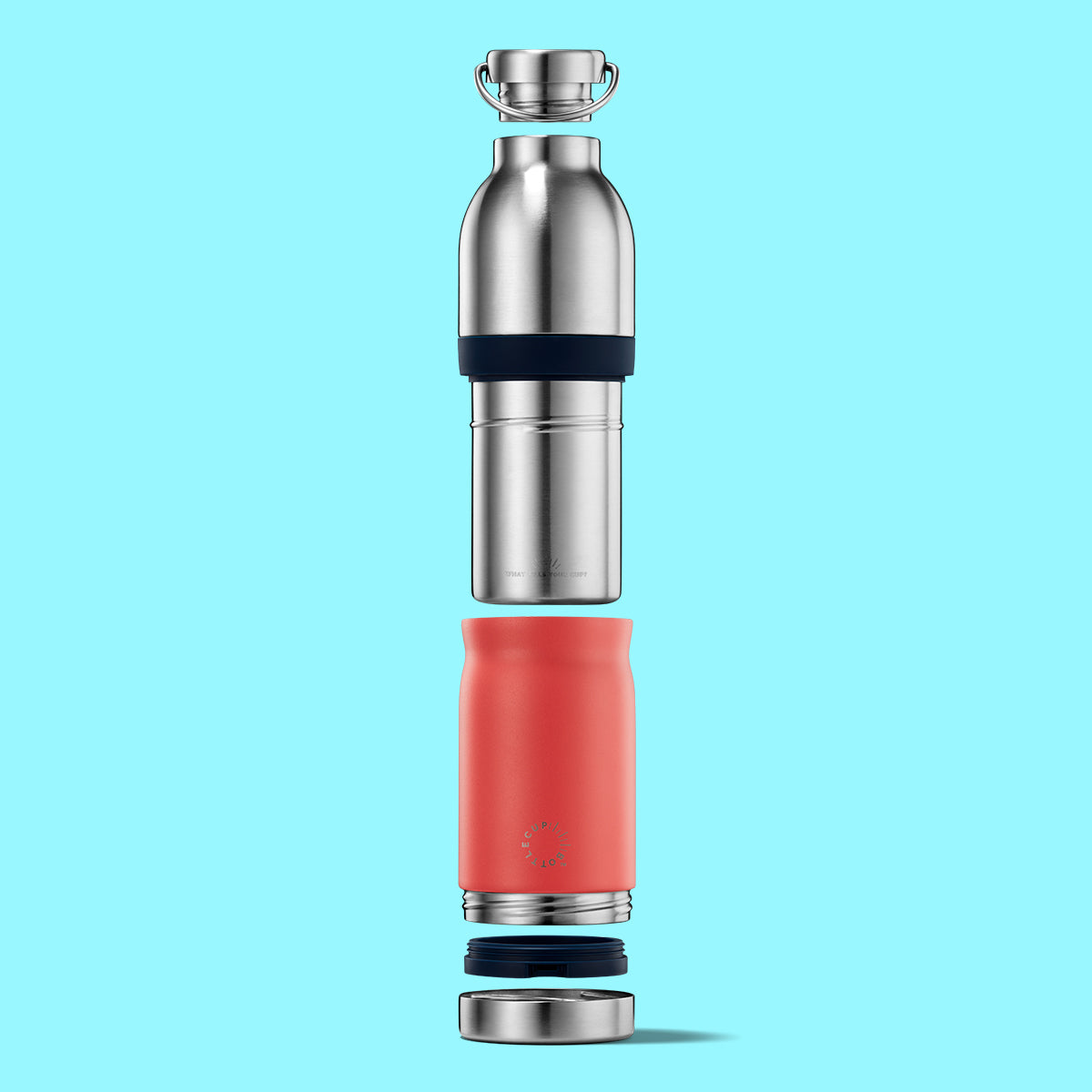 2‑in‑1 reusable insulated water bottle & coffee cup with hidden stored lid, modular build, keeps drinks hot or cold for travel and on‑the‑go use. 