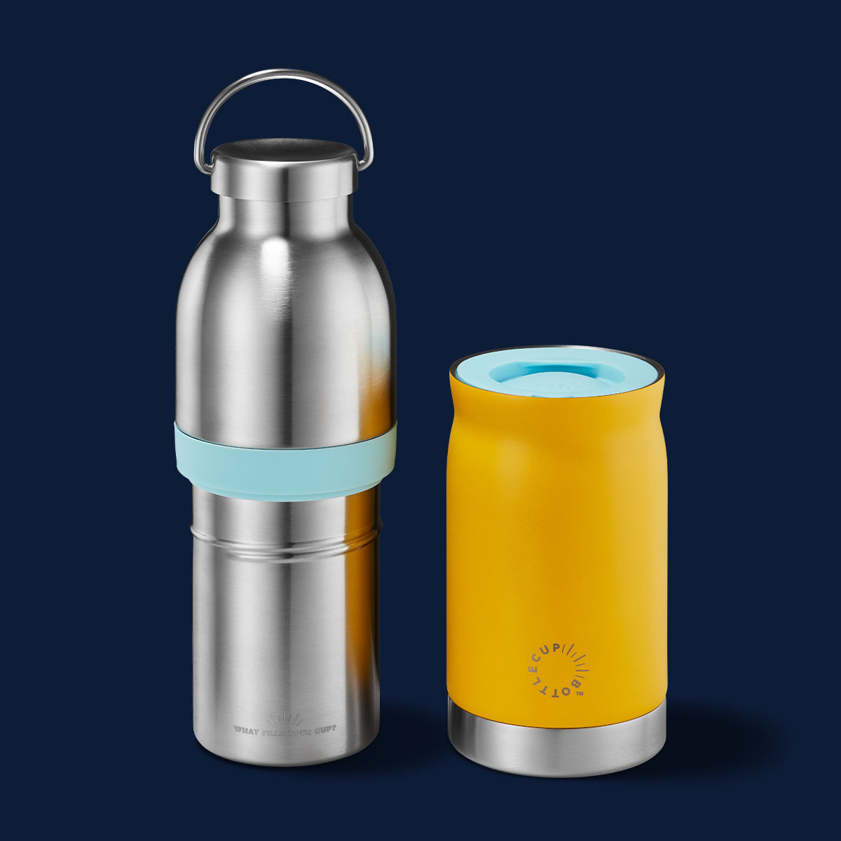 2‑in‑1 reusable insulated water bottle & coffee cup with hidden stored lid, modular build, keeps drinks hot or cold for travel and on‑the‑go use. 