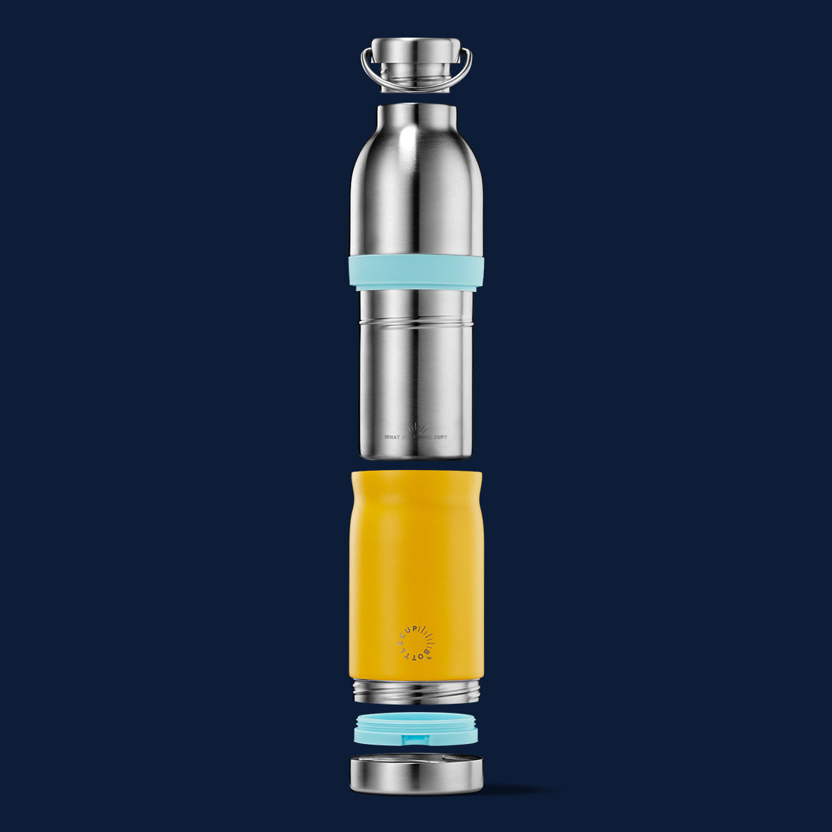 2‑in‑1 reusable insulated water bottle & coffee cup with hidden stored lid, modular build, keeps drinks hot or cold for travel and on‑the‑go use. 