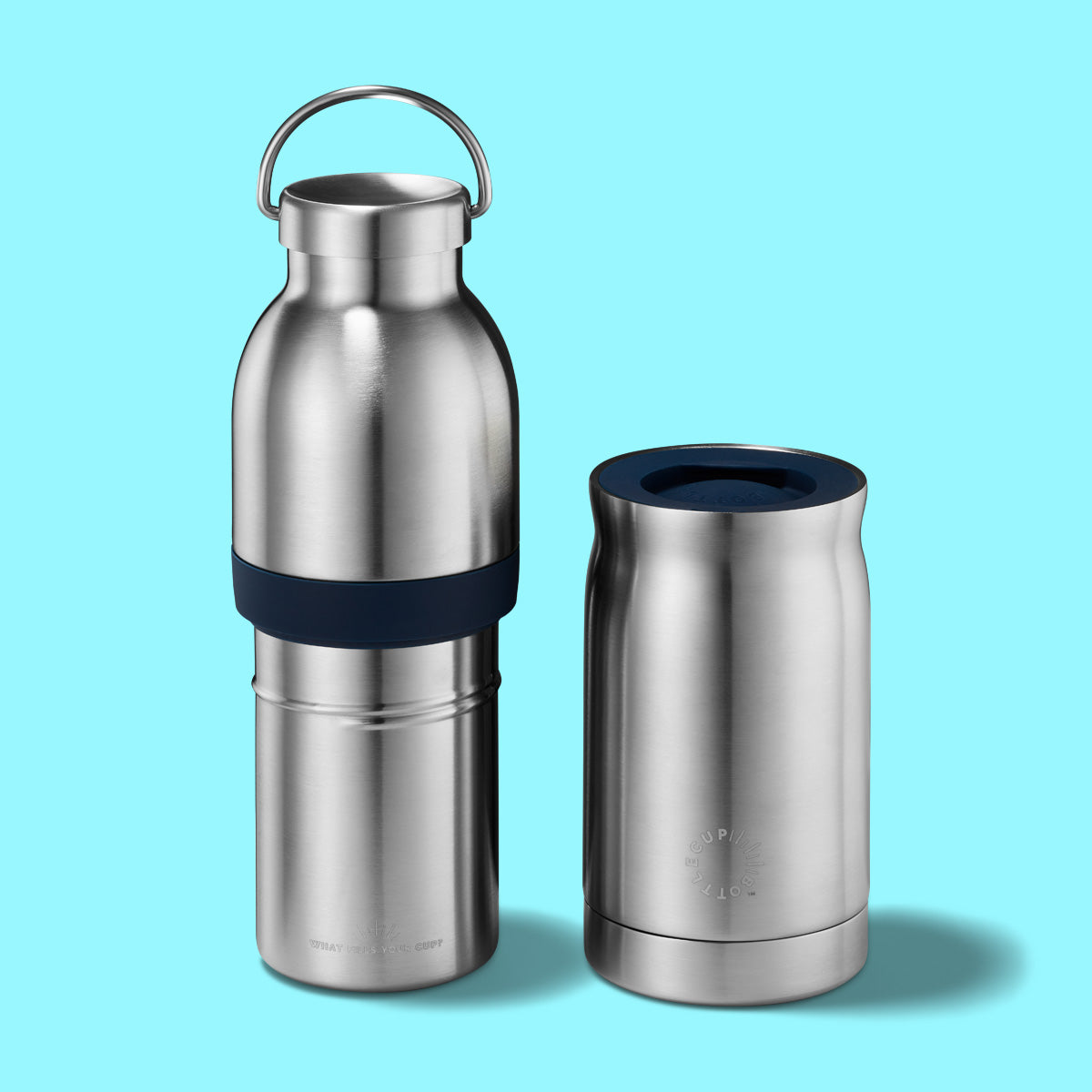 2‑in‑1 reusable insulated water bottle & coffee cup with hidden stored lid, modular build, keeps drinks hot or cold for travel and on‑the‑go use. 