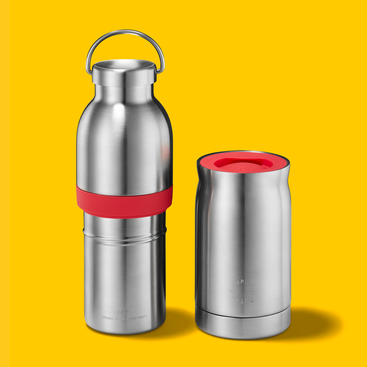 2‑in‑1 reusable insulated water bottle & coffee cup with hidden stored lid, modular build, keeps drinks hot or cold for travel and on‑the‑go use. 
