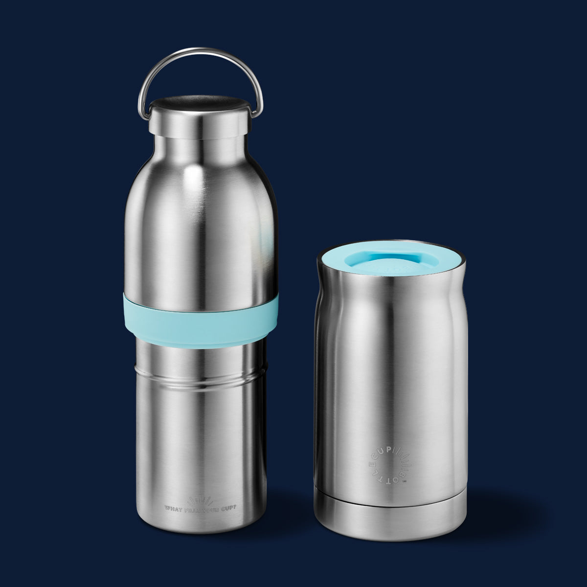 2‑in‑1 reusable insulated water bottle & coffee cup with hidden stored lid, modular build, keeps drinks hot or cold for travel and on‑the‑go use. 